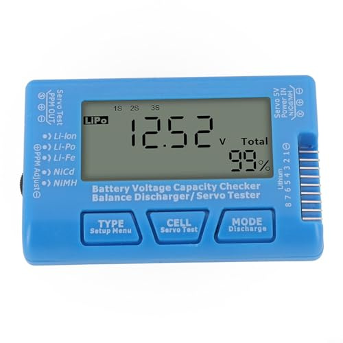CellMeter 8 LCD Digital Battery Capacity Tester for LiPo, Life, NiMH, and NiCd Batteries, 2–8S Balance & Discharge Testing, 1A Current(Blue)
