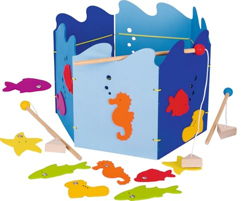 goki WG600 - Angelspiel Meeresbewohner, 19 teiliges Set inklusive Magnetangel, Fische, Seepferdchen und Seesterne, Lernspiel für Motorik und Konzentration für Kinder, 32cm Durchmesser, ab 3 Jahre