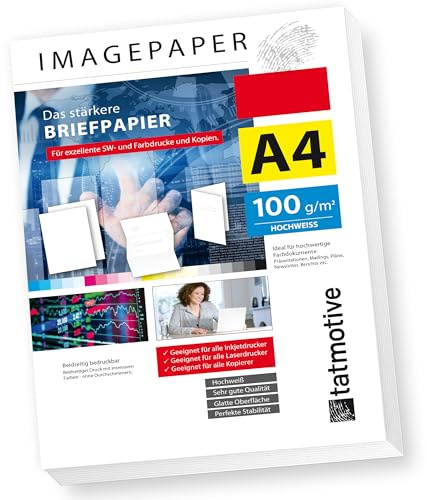 TATMOTIVE Imagepaper 100g/qm 250 Blatt Kopierpapier | DIN A4, das stärkere Briefpapier, brillante Drucke für alle Drucker, Druckerpapier weiß, schöne Haptik, Briefe, Hefte