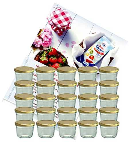 MamboCat 25er Set Sturzglas 230 ml Marmeladenglas Einmachglas Einweckglas to 82 Goldener Deckel incl. Diamant-Zucker Gelierzauber Rezeptheft