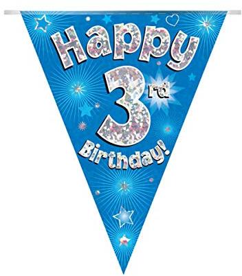 Party Bunting Happy 3rd Birthday Blue Holographic 11 flags 3.9m
