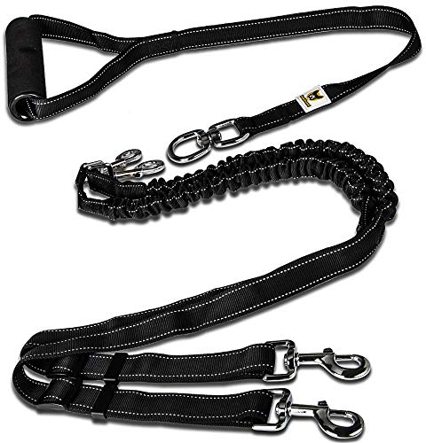 Zwillingsleine - Hundeleine für 2 große Hunde ab 20 kg - Doppelleine dehnbar reflektierend 150 bis 220 cm mit weichem Griff
