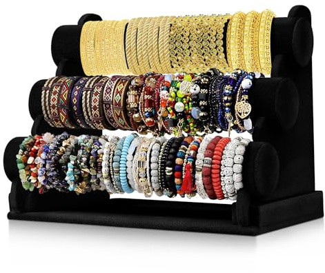 Flexzion Schmuckständer mit 3 Etagen aus schwarzem Samt, mit T-förmigem Griff, abnehmbar, für Halsketten, Armbänder, Ohrringe, Armreife, Anhänger, Fußkettchen, Turm, Uhren, Schlüsselhalter, Organizer