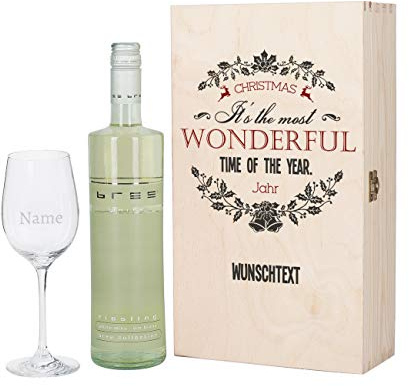 Herz & Heim® Wein Geschenkset zu Weihnachten mit Leonardo Weinglas mit Gravur und BREE Wein zur Auswahl in Geschenkverpackung Weiß
