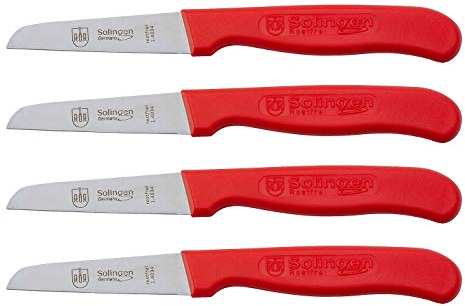 RÖR Haushaltsmesser/Gemüsemesser - Küchenmesser Set 4-teilig mit Glattschliff und rotem Kunststoffgriff - rostfrei - Länge: ca. 16 cm - Made in Germany/Solingen