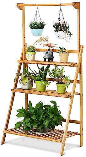 COSTWAY Pflanzenregal mit höhenverstellbarer Hängestange, Pflanzenleiter mit 3 Ebenen, klappbares Blumenregal, Blumentreppe aus Bambus, Pflanzentreppe für Innen und Außen, 70 x 40 x 122 cm