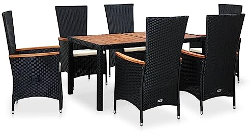 7-tlg. Garten-Essgruppe Poly Rattan Akazienholz Schwarz