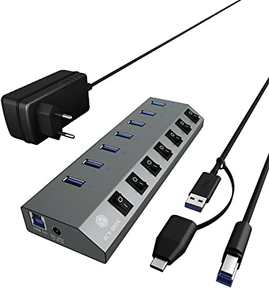 ICY BOX USB 3.2 Gen 1 Hub 7 Port mit Einzelschaltern IB-HUB1701-C3 | 7x USB Type-A Anschlüsse am HubAn-/Ausschalter für jeden Port einzelnErweitert PC/Notebook um mehrere USB-Ports