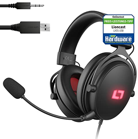 Lioncast LX55 Pro USB Gaming Headset - 7.1 Virtual Surround Sound, Over-Ear Gamer Headphones - 53mm Neodymium Drivers, RGB Lights, Detachable Microphone - Compatible with PC, Playstation, Xbox, Switch