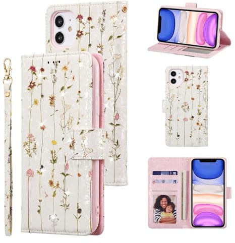 UEEBAI Wallet Case for iPhone 12/iPhone 12 Pro 6.1 inch, PU Leather Phone Case Kickstand RFID Blocking Flip Case with Card Slots Wrist Strap Relief Engraved Pattern Magnetic Closure Folio Case - Vine