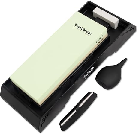 BÖKER SOLINGEN® Kombi Wasserstein Schärf-Station 1000/6000 - Profi Abziehstein für Messer - Premium Nassschleifer Wetzstein - doppelseitiger Wasserstein - Schleifstein Set mit 20° Winkel-Führung