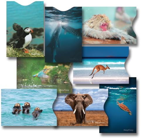 8 RFID Blocking Sleeves, Anti-Theft Credit Card Holder and Protector, Easy to Recognize, Different Designs, Sea Turtle, Kingfisher, Elephant, Monkey, Kangaroo, Goat, Sea Otter, Atlantic Puffin