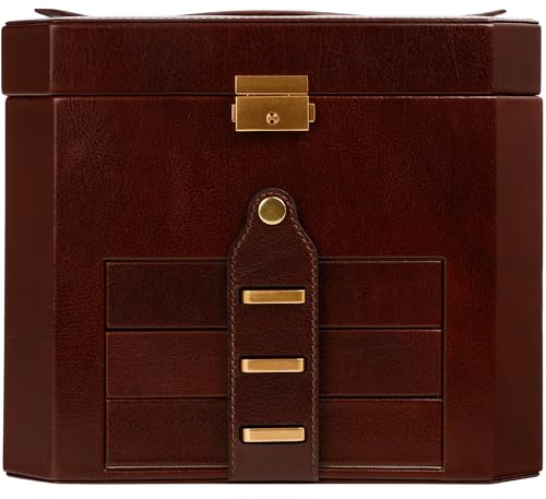 Time Resistance Joyero de Cuero - Organizador de Joyería de Cuero de Grano Completo - Caja de Almacenamiento con Bloqueo de Llave para Mujer