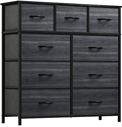 YITAHOME Kommode, 9 Stoffschubladen mit Griffen, Aufbewahrungsschrank, Schubladenschrank, Schrank, Metallgestell, stoffkommode für Schlafzimmer, für Wohnzimmer, Flur, Büro, Schwarze Holzmaserung