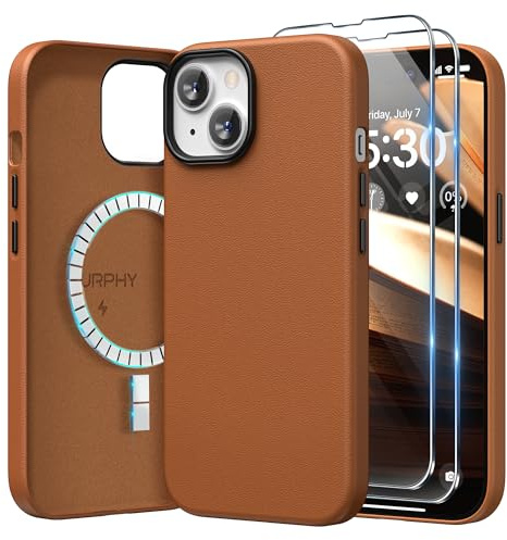 SURPHY Schutzhülle für iPhone 15, Leder, mit Displayschutzfolie, kompatibel mit MagSafe, Kunstlederhülle (metallische Knöpfe und Mikrofaser-Innenfutter) für 15,5 cm (15,5 Zoll) 2023, Braun