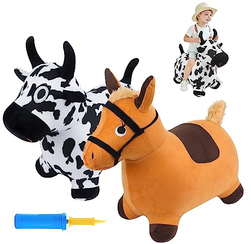 EKEPE Bouncy Hopper Cow & Horse 2 PCS, Inflatable Hopping Outdoor Ride on Bouncy Animal Play Toys with Pump