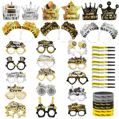 DPKOW Schwarz Gold Silber Silvester Accessoires 2026 Silvesterdeko Neujahr Partyhüte Happy New Year Haarreif Silvester Brille Silikonarmband Tröten für Deko Neujahr Party 2026