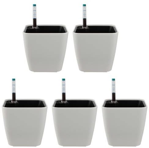 NAMYEUT 5 Stück 14cm Eckig Selbstbewässerungstopf Innen Weiß, Selbstbewässerung Blumentopf mit Wasseranzeige, Kräutertopf Selbstbewässernd für Pflanzen im Innen und Außenbereich
