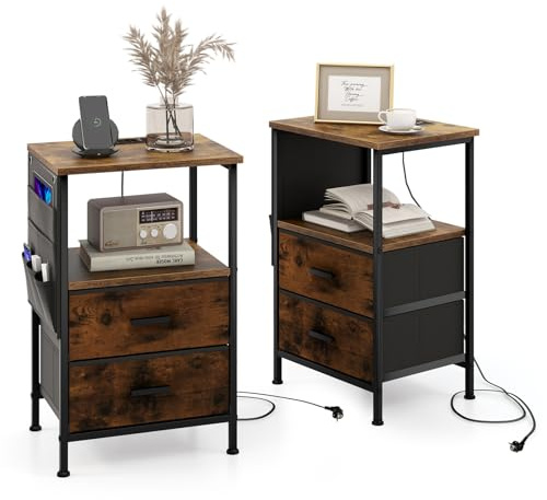 LIFEZEAL Table d'Appoint avec Station de Recharge, Table de Nuit avec 2 Tiroirs & Poches Latérales, Bout de Canapé avec Prises USB & Sorties, pour Salon, Chambre à Coucher (2)