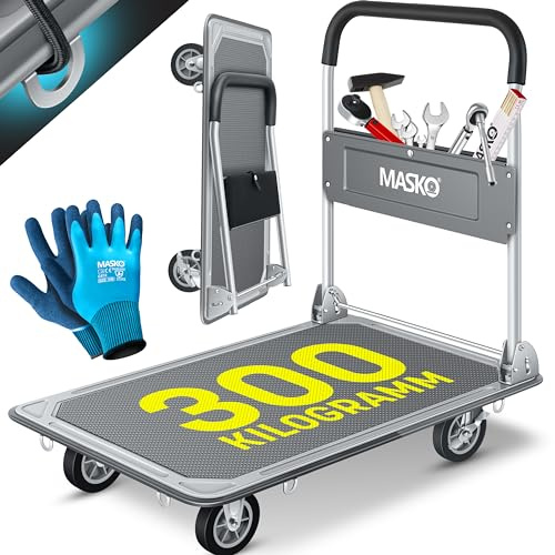 MASKO® Carro de Plataforma, Carro de Almacenamiento, Incl. Guantes de Trabajo, Freno de Bloqueo, con 6 argollas de Seguridad, Ruedas giratorias 360°, Plegable, Capacidad de Carga - 300kg / Gris