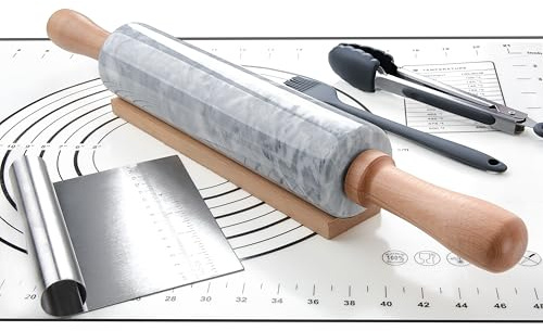 SIPARUI Marble Rolling Pin Set with Silicone Pastry Mat,Pastry Brush,Cooking Tongs,Stainless Steel Scraper18.5 inch Polished Non-Stick Roller for Pizza Dough,Fondant,Pie Crust(Gray White)