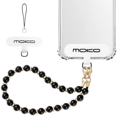 MoKo Handykette Universal, Perlen Handy Handgelenk-Trageband mit Lanyard-Patch, Handy Schlüsselband Handschlaufe Handyband Handy Lanyard für iPhone 15 Pro Max/14 Pro Max/ 13 Pro Max usw. – Schwarz