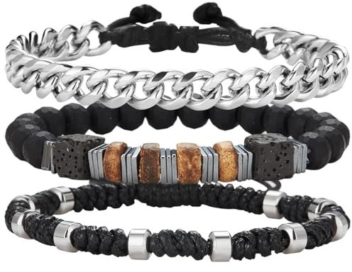 Dazylleco Set di 3 Bracciali da Uomo: Bracciali Pietre Naturali, Bracciale a Catena Cubano, Bracciale in Corda Regolabile - Regali di Gioielli Fatti a Mano per Uomo