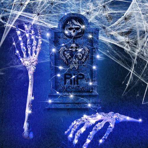 Halloween Deko Set mit Glühendem Grabstein, Skelett Hand, Spinnenweben - Außen Deko für Gruselige Party Atmosphäre