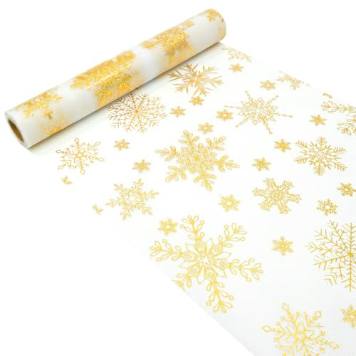 Tischläufer Weihnachten, Tischläufer Rolle mit Gold Schneeflockenmuster, 28CM x 500CM, Organza Tischband Glänzend Tischdeko, für Weihnachten, Silvester, Adventszeit, Ramadan