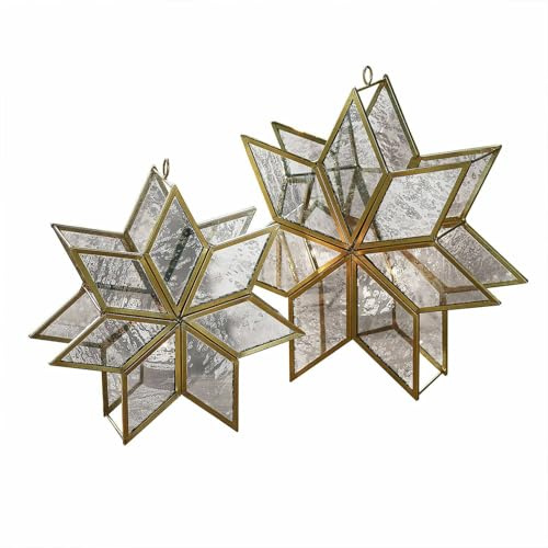 Loberon Kerzenhalter 2er Set Zaydan, Zwei Größen, Sternenform, für Teelichter Geeignet, Filigranes Design, zum Aufhängen oder Hinstellen, Teelichthalter, Eisen, Glas, Gold/Silber