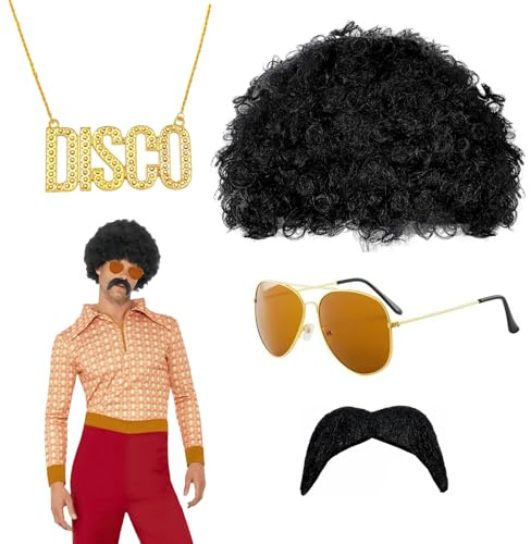 QSZHSL 4 Stück Hippie Kostüm Set, Afro Perücke, Herren Outfit 80er Jahre mit Halskette, Schnurrbart, Sonnenbrille für Cosplay, Halloween, Kostümfeste