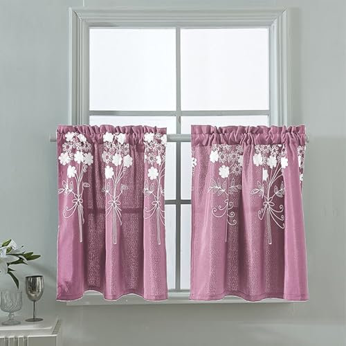 ANAZOZ Scheibengardinen 74 Breit, Gardinen 2er Set Blickdicht Einfarbig Lila mit Blumenstickerei, Küchengardinen Landhausstil Stangendurchzug 74x61cm