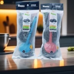 3 Tough Steel Metal Scourers with Plastic Handle, scouring pads, steel wool, Pack of 2 | Heavy-Duty Scouring Pads for Kitchen Cleaning