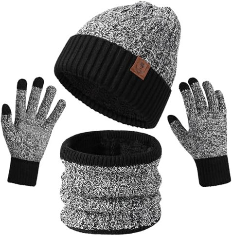 SRZYMJ Light Grau Wintermütze Schal Handschuhe Set， Herren Damen Wintermütze Schal Handschuh Set, Beanie Strickmütze Haube Winter Loop Schal mit Fleecefutter Handschuhe Mütze Schal Handschuh Sets
