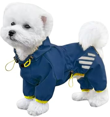 Hunde-Regenmantel, wasserdichte Regenjacke mit Kapuze und Beinen und Geschirrloch, verstellbarer Hunde-Regenmantel für kleine und mittelgroße Hunde, Blau, Größe XL