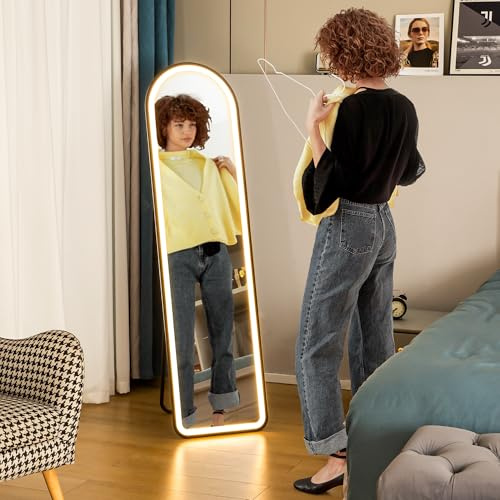 HOMCOM Bogen Ganzkörperspiegel mit Beleuchtung, 150 x 40 cm Standspiegel mit LED, 3 Lichtfarben, Wandspiegel mit Ständer, Touch-Schalter, für Schlafzimmer, Wohnzimmer, Schwarz