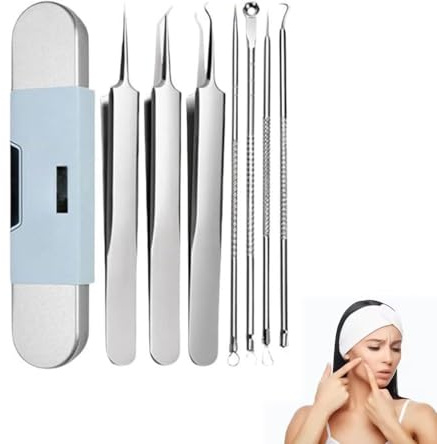 7Stk Werkzeugset zur Mitesserentfernung aus Edelstahl, Edelstahl-Mitesserentferner-Werkzeugset, Mitesserentferner Komedonenquetscher Set, Akne Whiteheads, Mitesserentferner Pickel Ausdrücken Werkzeug