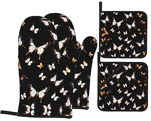 Guanti da forno con stampa nera con farfalle, colore oro bianco, presine, guanti resistenti al calore, per cucinare e grigliare
