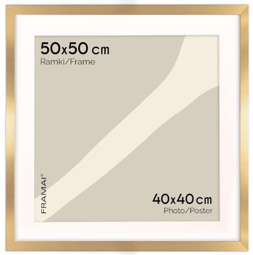 FRAMAI® Bilderrahmen 50x50 cm in Gold – mit Passepartout – MDF Holzrahmen, bruchsicheres Plexi, umweltfreundlich, mit Aufhängung & Ständer – Hochformat & Querformat