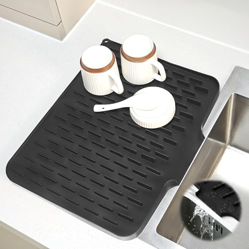 Alfombrilla de silicona negra para escurrir platos, alfombrilla de drenaje de platos, alfombrilla de drenaje para platos, resistente al calor, para el hogar, fregadero, baño, sala de estar (40 x 32 cm