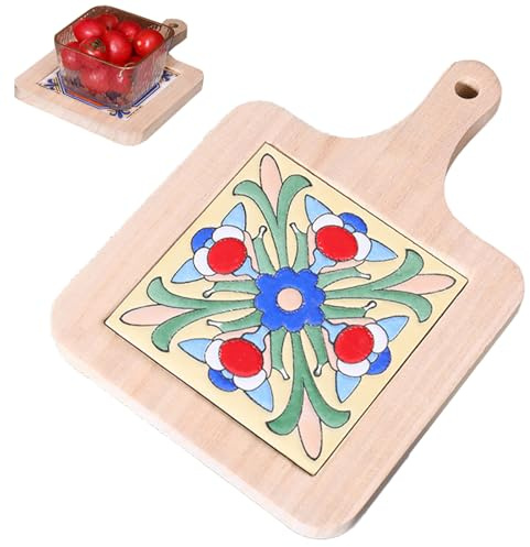 Vintage Wooden Tile Trivet with Handle – 7.8 x 5.5 x 1.2 Rustic Hot Pad for Tabletop & Kitchen, Heat-Resistant Wood Coaster Mat for Pots, Teapots, Pans (Flower)