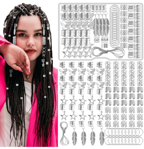 OUDQFCJ 90 piezas de accesorios para el cabello, clips para trenzas, espirales para dreadlocks, joyería para hombres, mujeres, niñas y niños (color plateado)