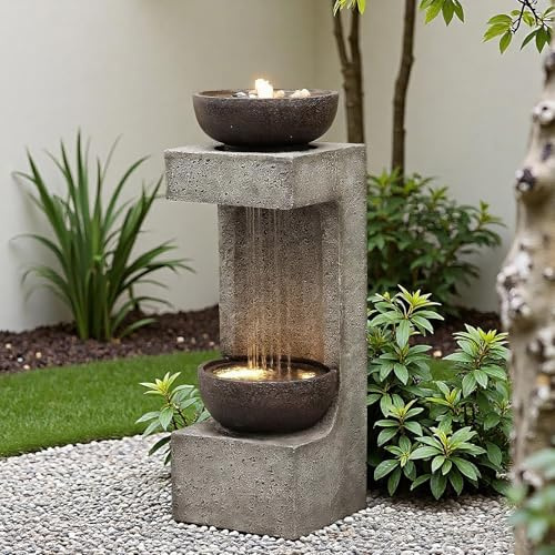 33.9 Waterfall Fountain Outdoor with LED Lights – Modern Rain Curtain Resin Garden Waterfall and Fountains, Bowl Design Outdoor Water Feature for Patio, Porch, Backyard, Lawn & Home Decor