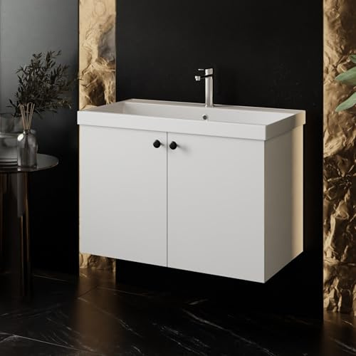 KAREN banyo Waschtisch Set | Badmöbel Weiß | Waschtisch mit Unterschrank 80 cm | Badezimmerschränke | Badezimmerset 2 teilig, Badmöbel Gäste WC | Badunterschrank Keramikwaschbecken (Mimoza 80)