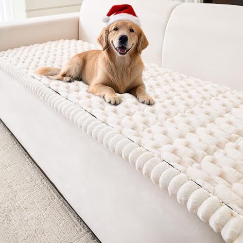 Couch Cover for Dogs Washable,Non Slip Fuzzy Durable Couch Covers for 3 Cushion Sofa Pet Friendly Sofa Cover Dog Thick Soft Slipcovers Protector Couches Mat Bed (Beige, 27.6 x 70.9/70 x 180cm)