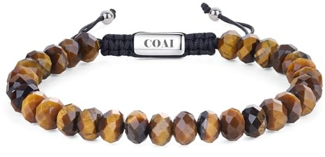 COAI Herrarmband med naturstenspärlor, justerbart armband för män med fasetterade halvädelstenar, Sten, Tigerns öga