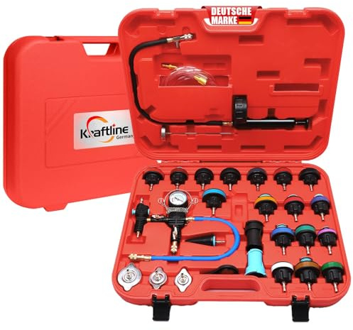 Kraftline® Kühlsystem Tester & Abdrückgerät 28-teilig, Kühlerdruckprüfer Kühler Entlüftungsgerät inkl Universellem Kühleradapter, Vakuumpumpe & Zubehör, Frostschutzprüfer für Profis & Heimwerker - Rot