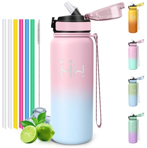 Motswedi Borraccia Termica 750 ml, con Cannuccia, Bottiglia Termica, a Prova di Perdite, Borraccia Acciaio Inox, per Bevande Calde e Freddo, per Campeggio, Palestra, Ciclismo, Rosa & azzurro cielo