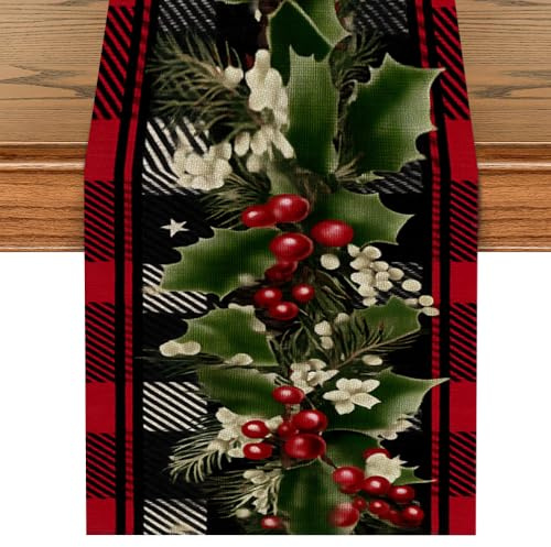 Runner da tavola natalizio 240 cm, rosso e nero, con foglie di agrifoglio e bacche – Decorazione da tavola natalizia scandinava