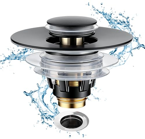 Waschbeckenstöpsel, Abflusssieb Ablaufgarnitur Stöpsel Waschbecken, Universal Sink Stopper Ersatz für Bad und Küche (Schwarz Matt)